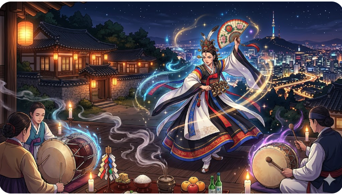 K-pop Demon Hunters Korean shamanism mudang ritual illustration