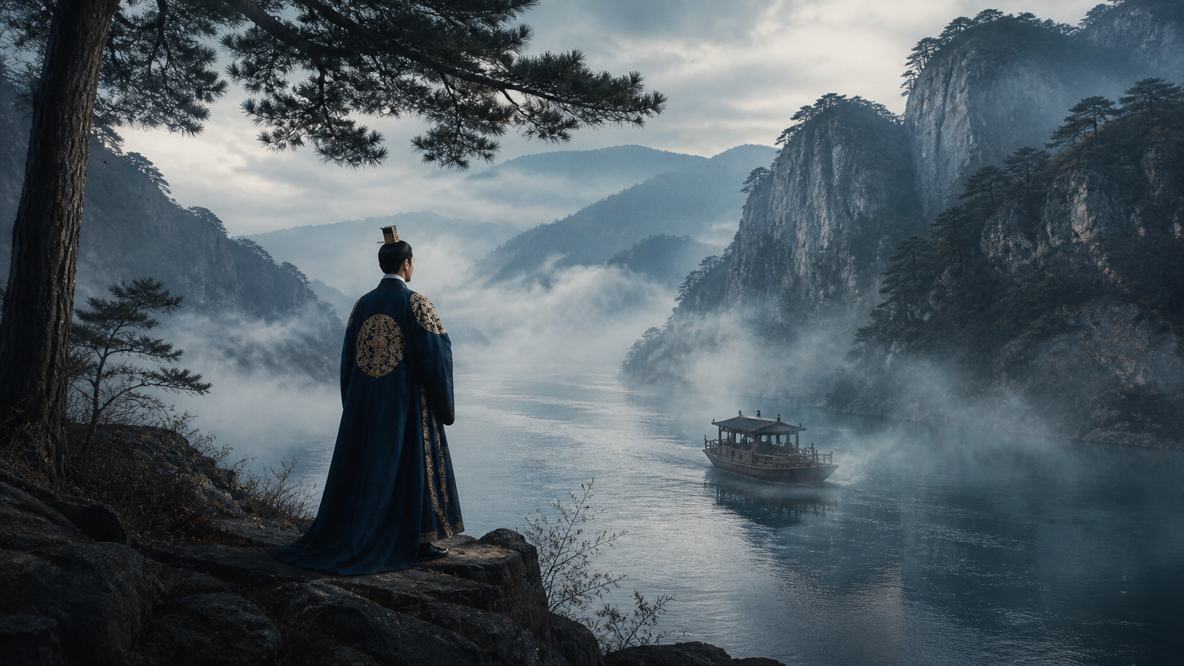 Illustration of King Danjong in Joseon Dynasty standing by a misty river symbolizing exile and tragedy