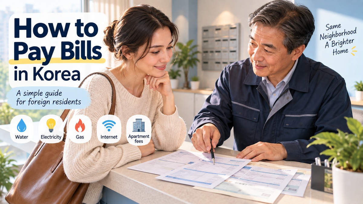 how to pay bills in Korea – a foreign resident and a building manager reviewing electricity, gas and water bills at an apartment management office counter