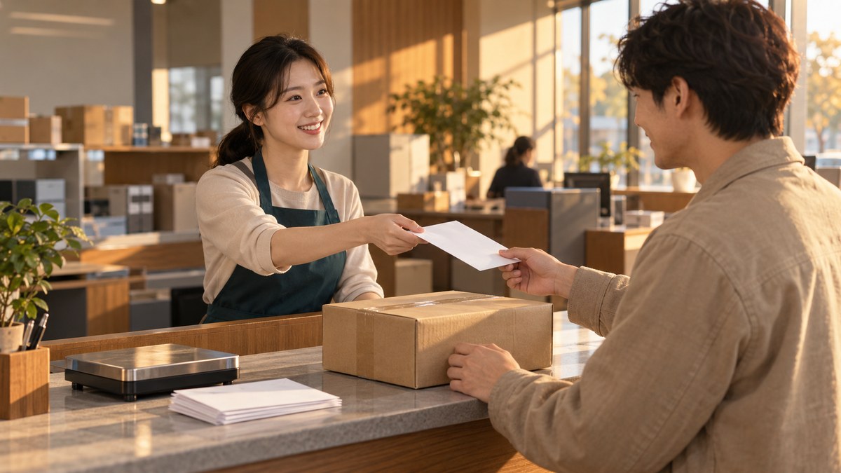 Korean post office staff member helping a foreign customer send a parcel at the counter
